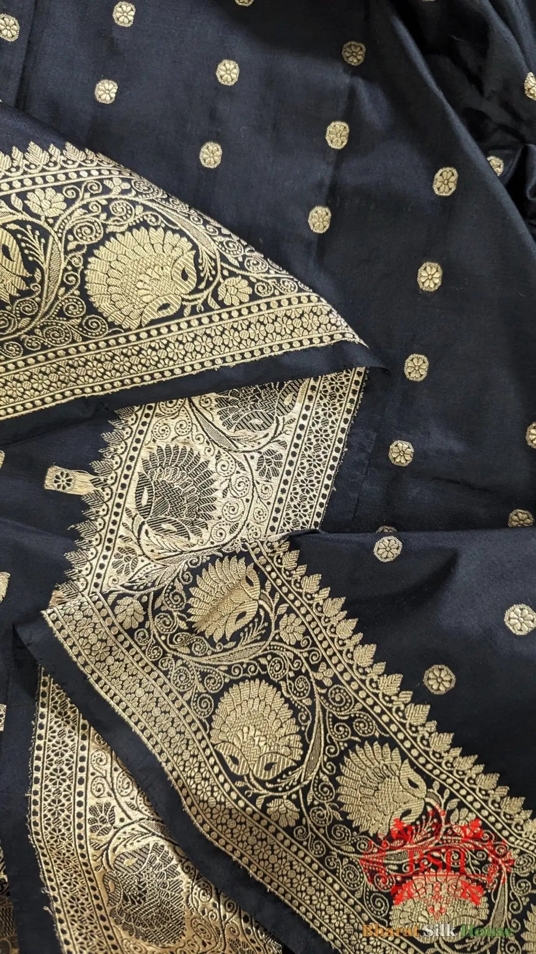 Pure Handloom Katan Silk Antique Zari Saree In Shades Of Black - Bharat Silk House Pure Kataan Silk