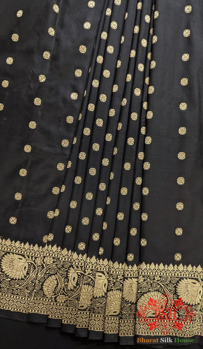 Pure Handloom Katan Silk Antique Zari Saree In Shades Of Black - Bharat Silk House Pure Kataan Silk