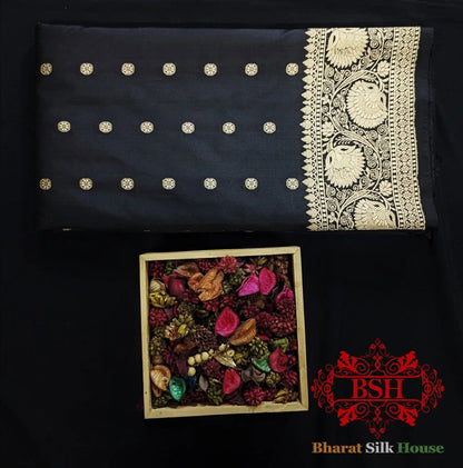 Pure Handloom Katan Silk Antique Zari Saree In Shades Of Black - Bharat Silk House Pure Kataan Silk