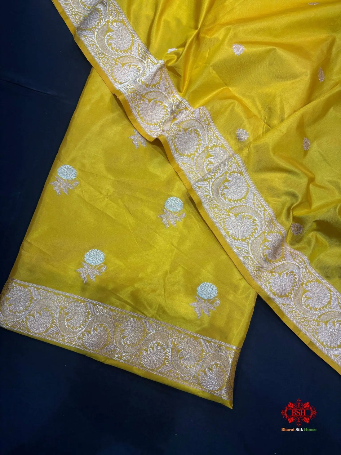 Pure Katan Handloom Silk Sona Rupa All Over Booti With Dupatta Suitpiece In Shade Of Yellow - Bharat Silk House Pure Kataan Silk