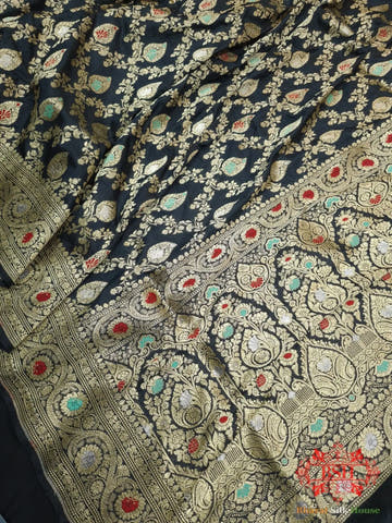 Pure Katan Silk Banarasi Handloom Saree - All over Jaal work with Meenakari - Bharat Silk House Pure Kataan Silk