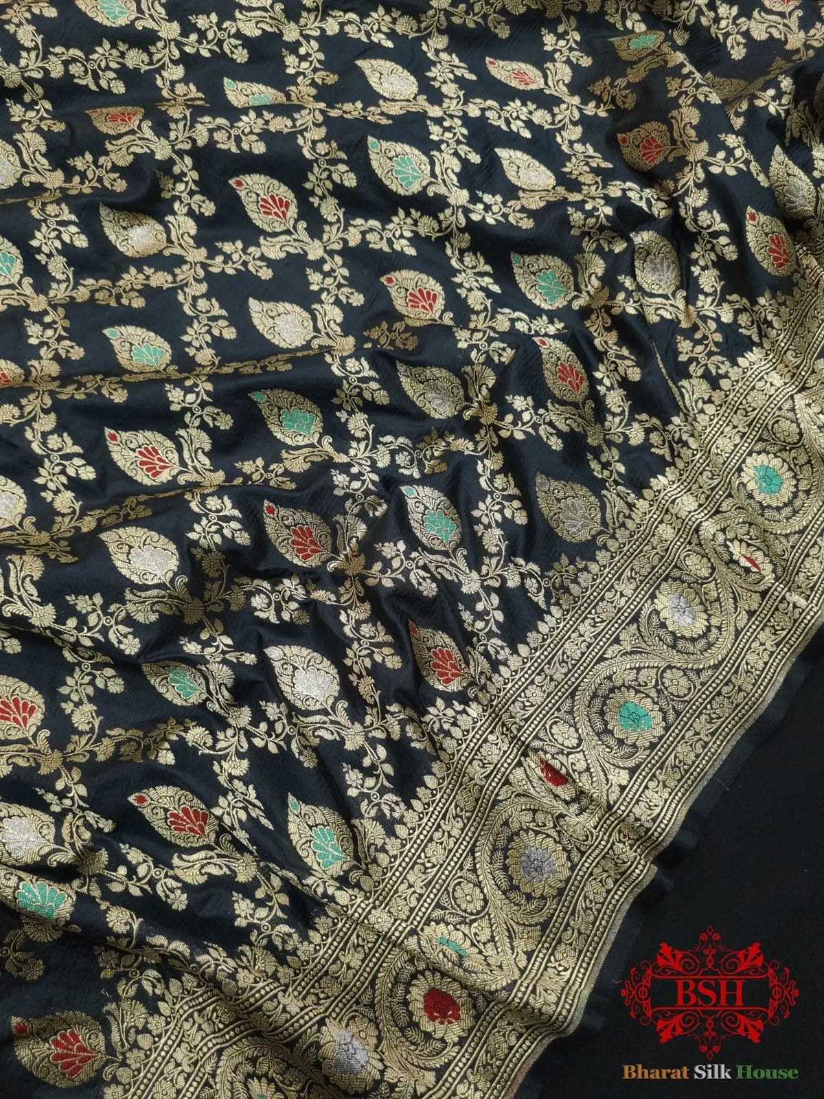 Pure Katan Silk Banarasi Handloom Saree - All over Jaal work with Meenakari - Bharat Silk House Pure Kataan Silk