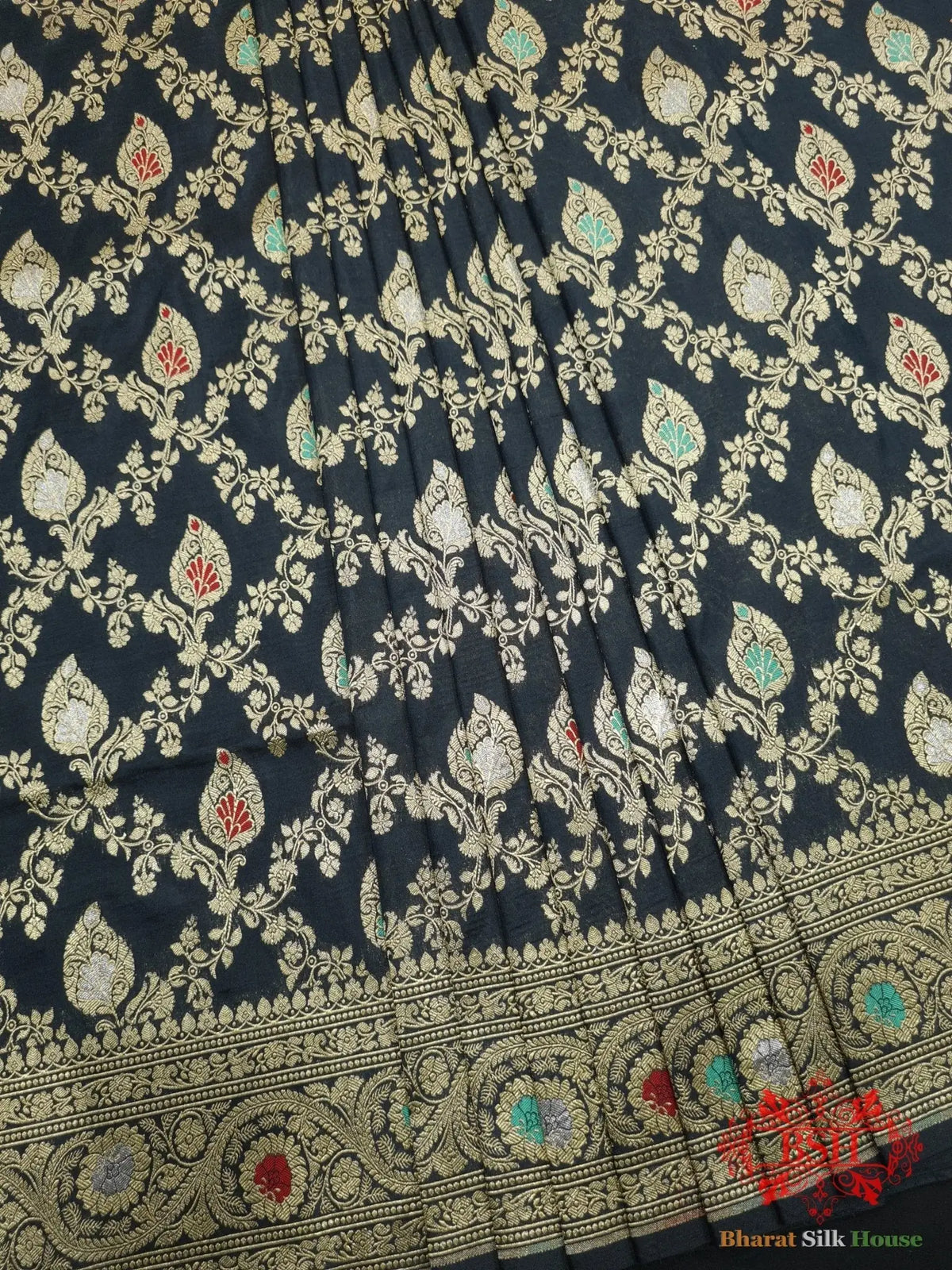 Pure Katan Silk Banarasi Handloom Saree - All over Jaal work with Meenakari - Bharat Silk House Pure Kataan Silk