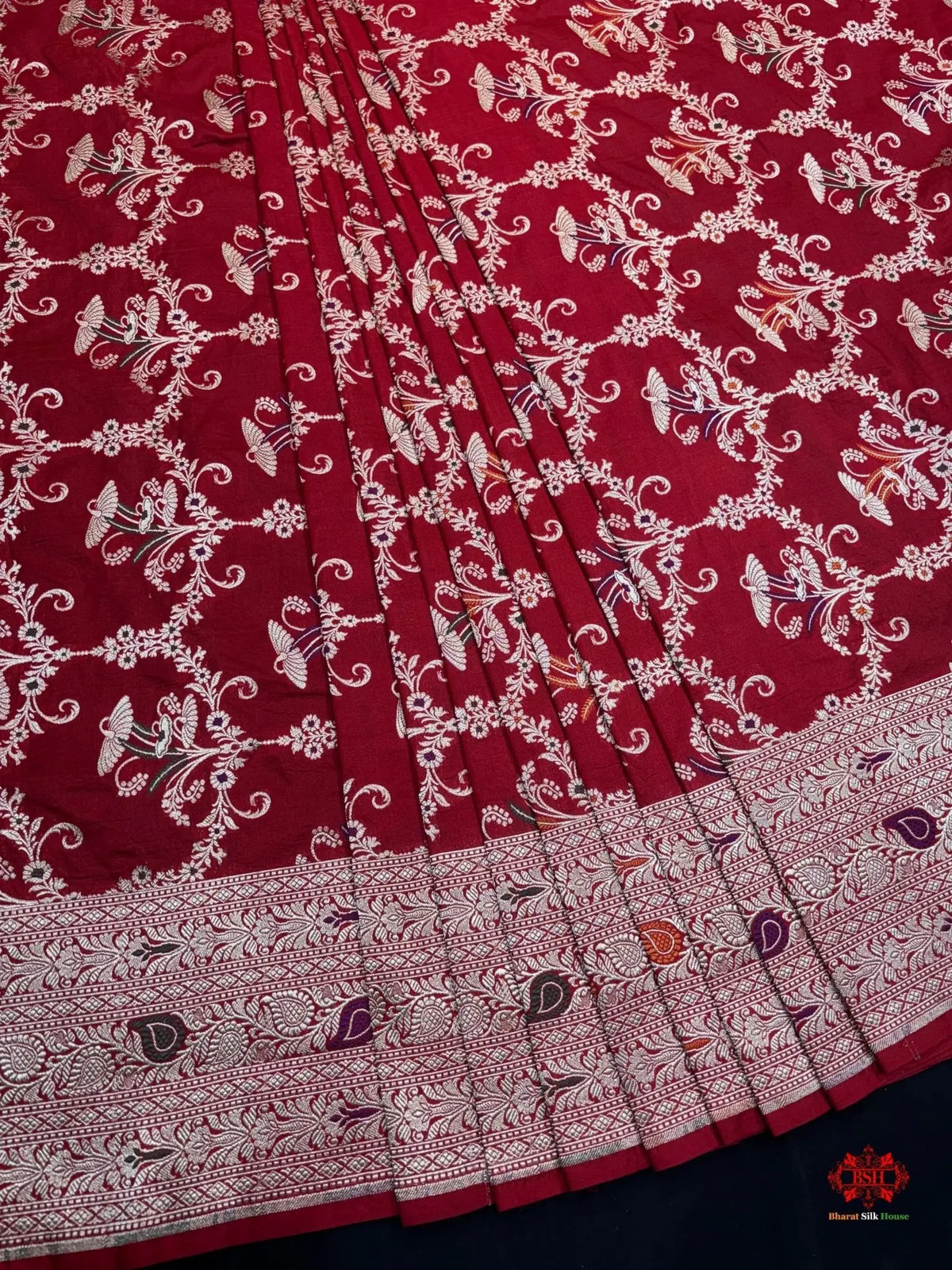 Pure Katan Silk Banarasi Handloom Saree - All over Jaal work with Meenakari - Bharat Silk House Pure Kataan Silk