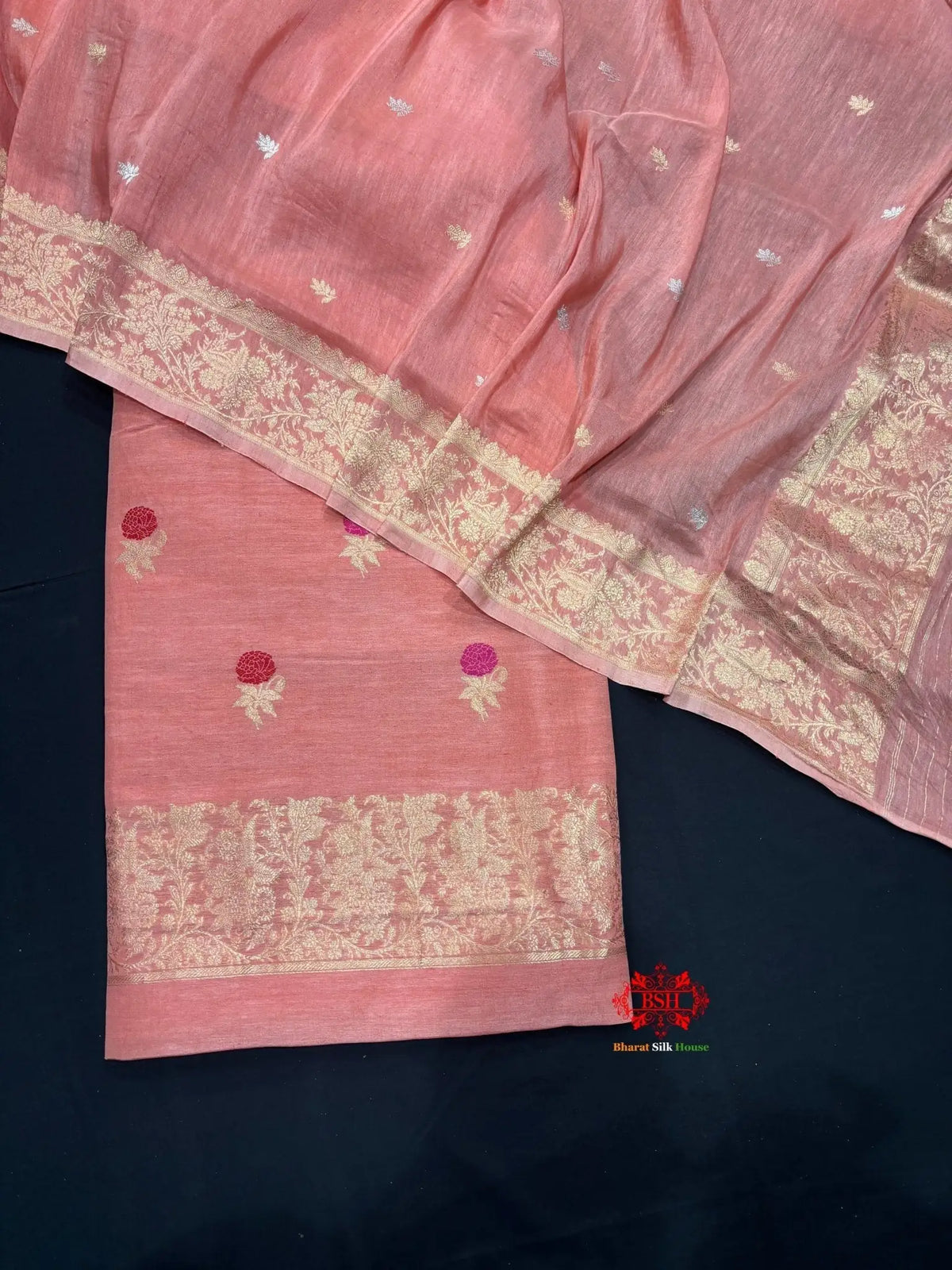Pure Linen Handloom Meena Floral Booti With Dupatta Suitpiece In Shade Of Peach - Bharat Silk House Pure Linen Suit