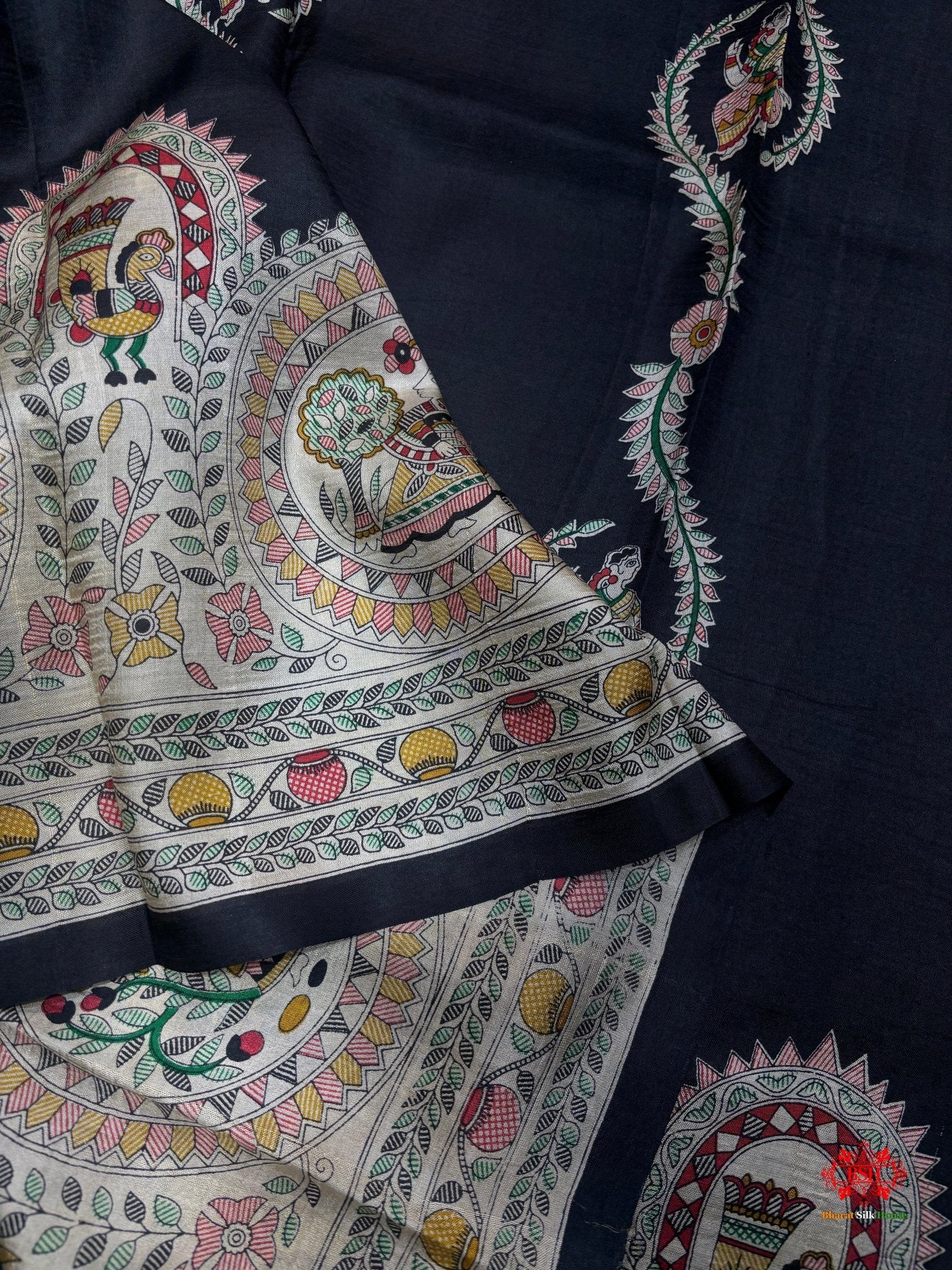 Pure Madhubani Art Digital Painting Silk Saree In Shade Of Black - Bharat Silk House katan silk