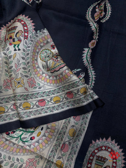Pure Madhubani Art Digital Painting Silk Saree In Shade Of Black - Bharat Silk House katan silk