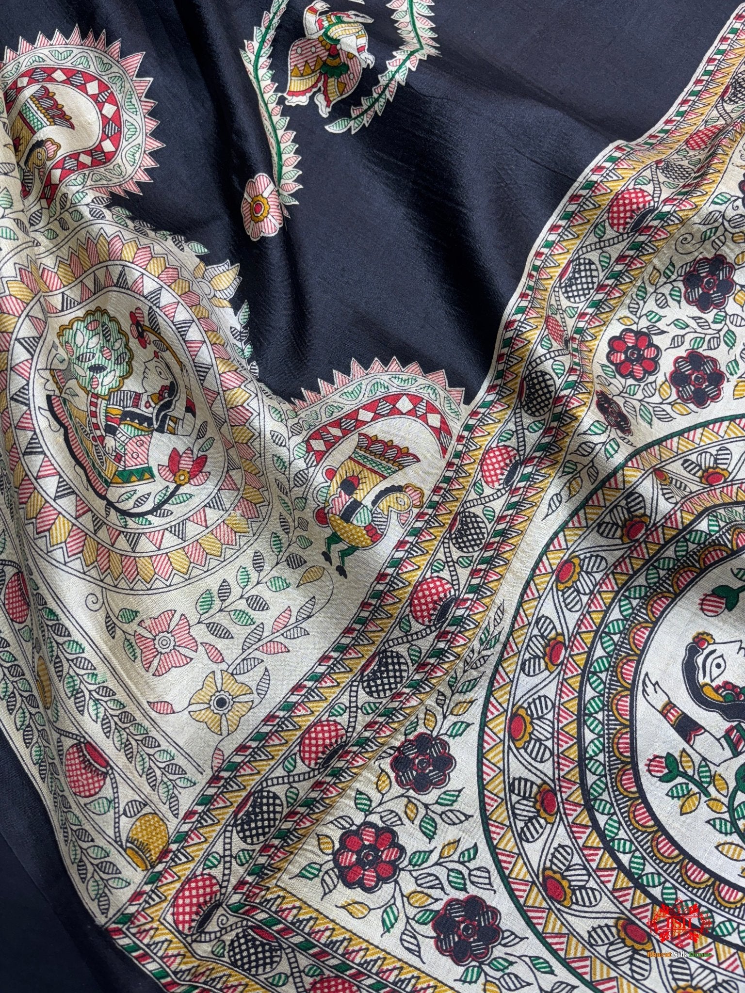 Pure Madhubani Art Digital Painting Silk Saree In Shade Of Black - Bharat Silk House katan silk