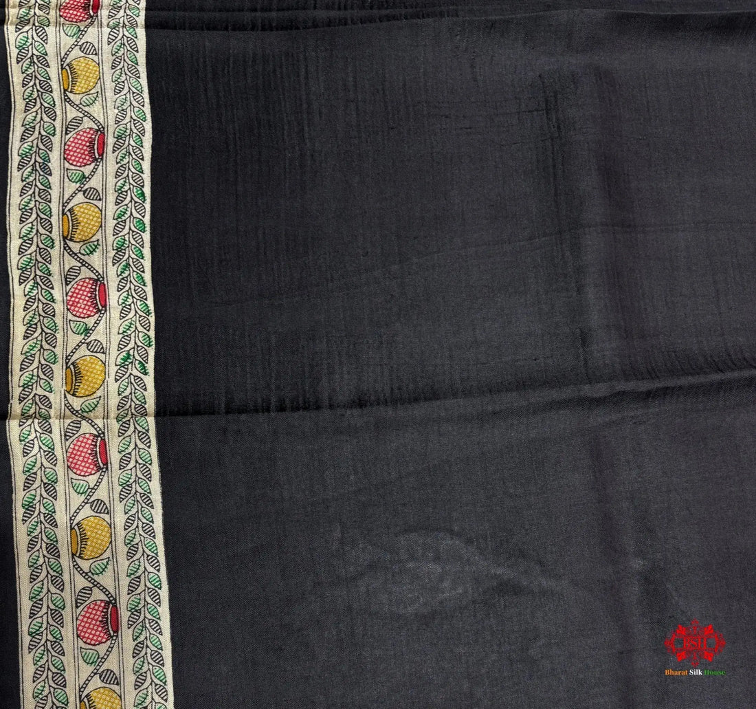 Pure Madhubani Art Digital Painting Silk Saree In Shade Of Black - Bharat Silk House katan silk