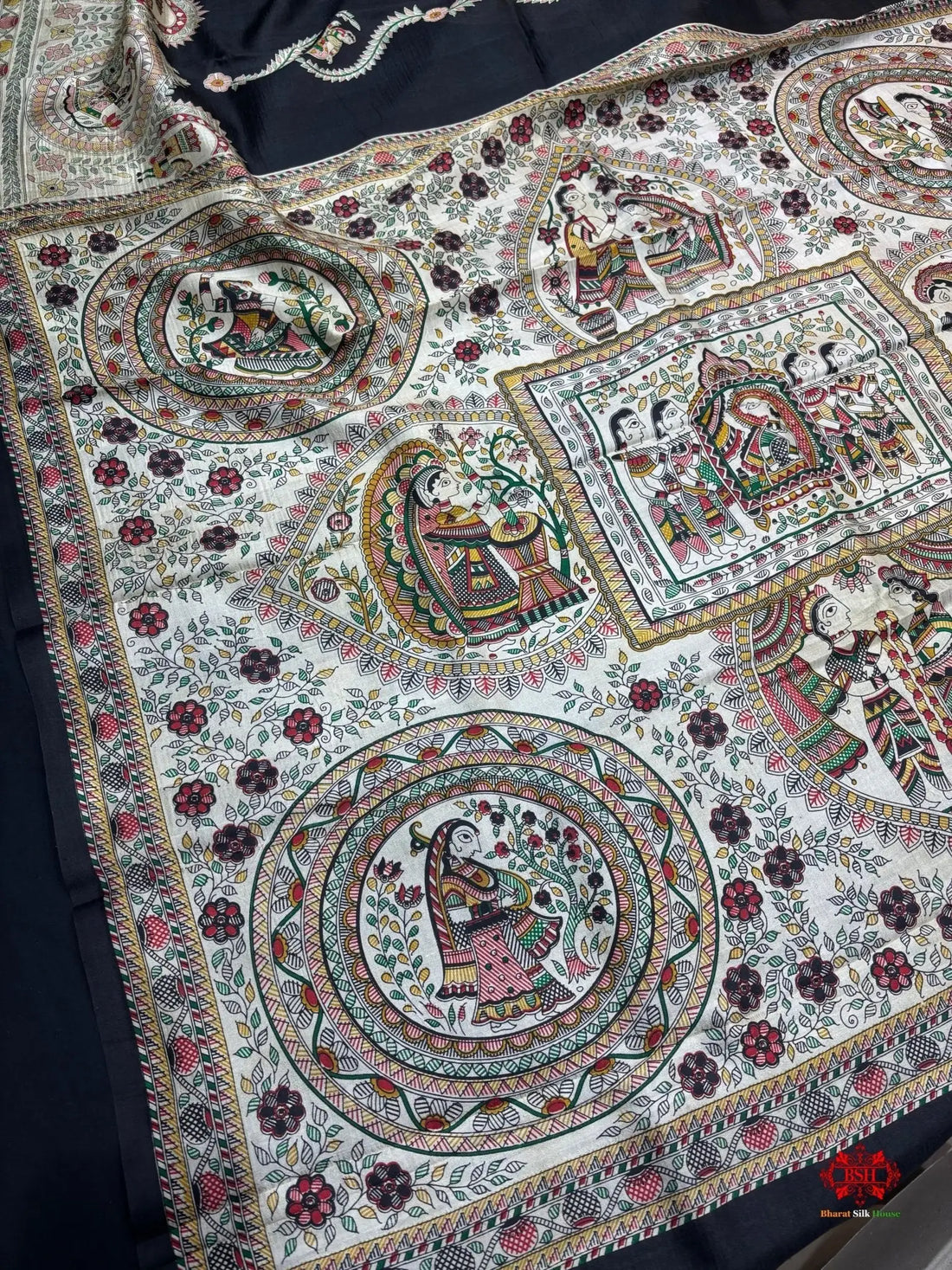 Pure Madhubani Art Digital Painting Silk Saree In Shade Of Black - Bharat Silk House katan silk