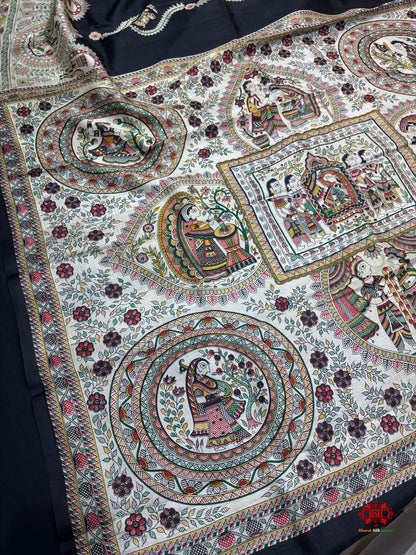Pure Madhubani Art Digital Painting Silk Saree In Shade Of Black - Bharat Silk House katan silk