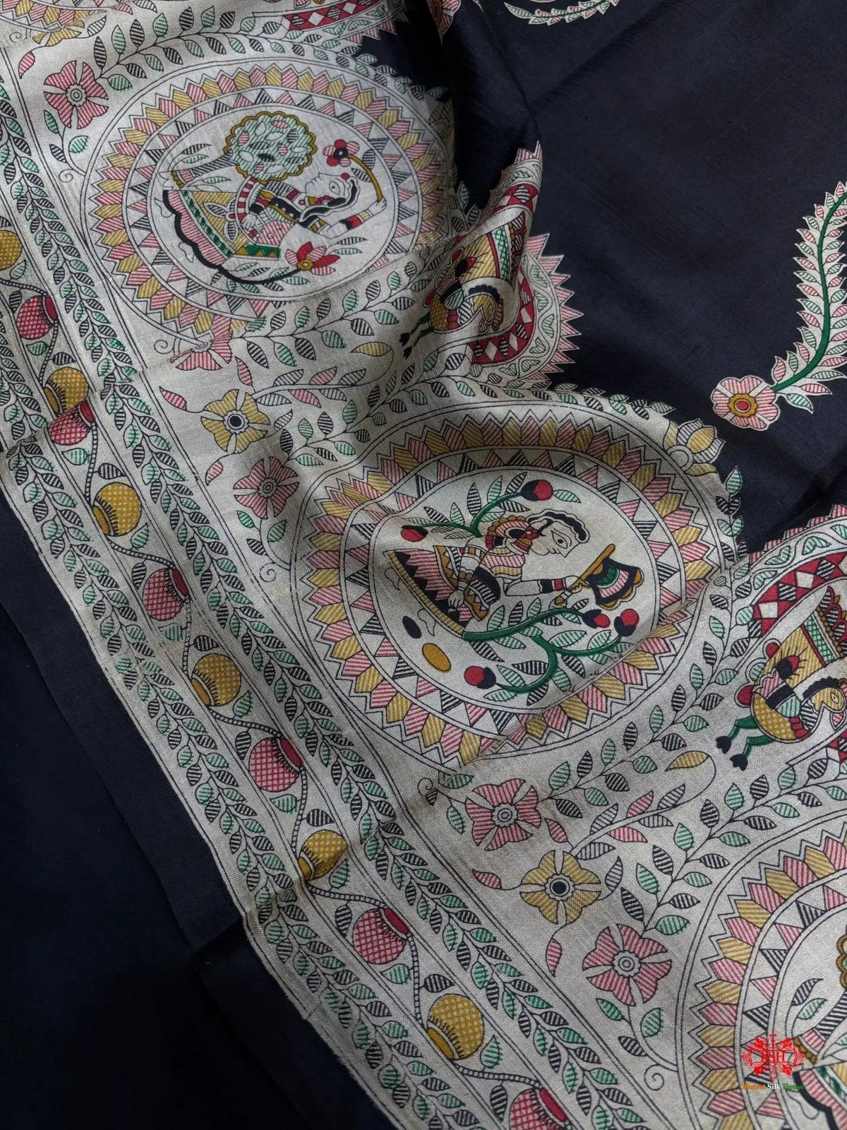 Pure Madhubani Art Digital Painting Silk Saree In Shade Of Black - Bharat Silk House katan silk