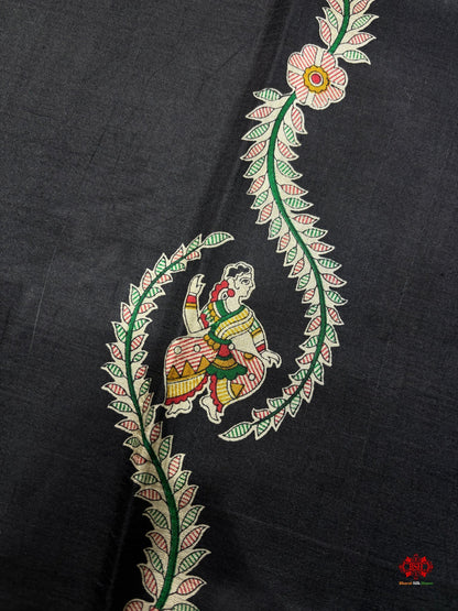 Pure Madhubani Art Digital Painting Silk Saree In Shade Of Black - Bharat Silk House katan silk