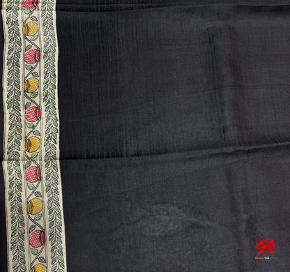 Pure Madhubani Art Digital Painting Silk Saree In Shade Of Black - Bharat Silk House katan silk