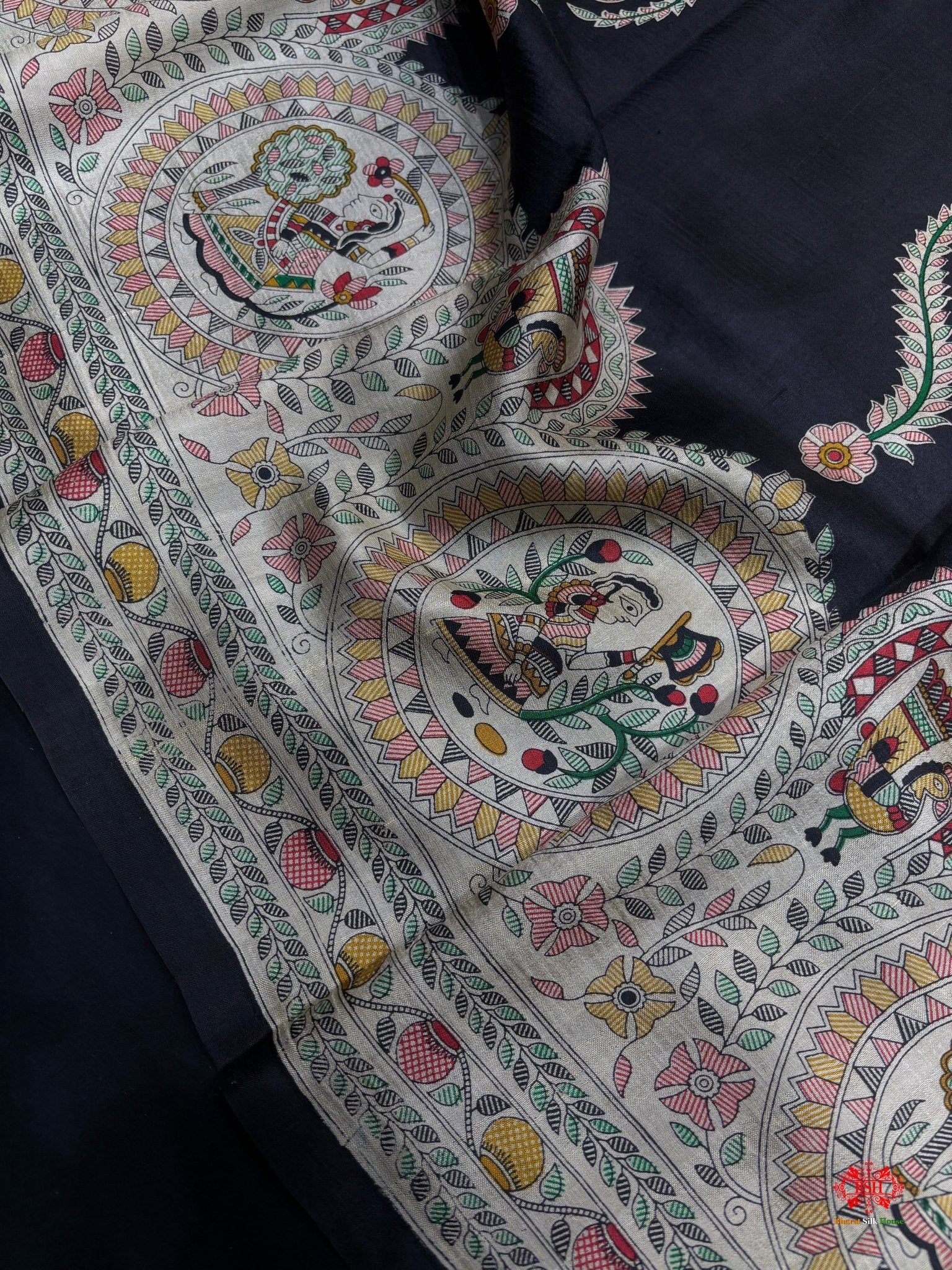 Pure Madhubani Art Digital Painting Silk Saree In Shade Of Black - Bharat Silk House katan silk