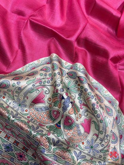 Pure Madhubani Art Digital Painting Silk Saree In Shade Of Pink - Bharat Silk House Pure Kataan Silk