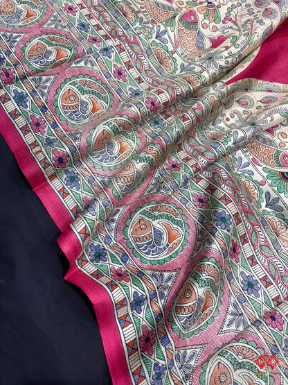 Pure Madhubani Art Digital Painting Silk Saree In Shade Of Pink - Bharat Silk House Pure Kataan Silk