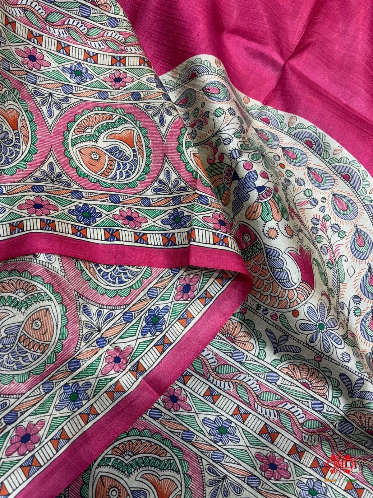 Pure Madhubani Art Digital Painting Silk Saree In Shade Of Pink - Bharat Silk House Pure Kataan Silk