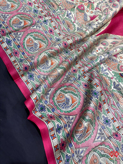 Pure Madhubani Art Digital Painting Silk Saree In Shade Of Pink - Bharat Silk House Pure Kataan Silk