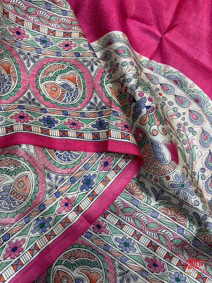 Pure Madhubani Art Digital Painting Silk Saree In Shade Of Pink - Bharat Silk House Pure Kataan Silk