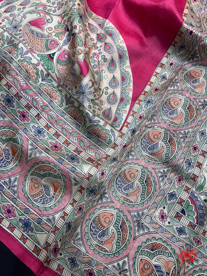 Pure Madhubani Art Digital Painting Silk Saree In Shade Of Pink - Bharat Silk House Pure Kataan Silk