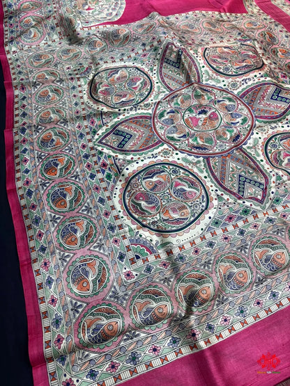 Pure Madhubani Art Digital Painting Silk Saree In Shade Of Pink - Bharat Silk House Pure Kataan Silk