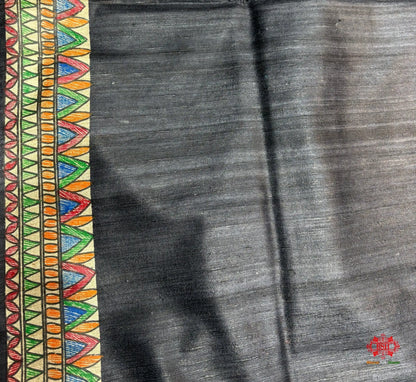Pure Madhubani Art Hand Brush Painting Black Tusser Silk Saree - Bharat Silk House Tussar