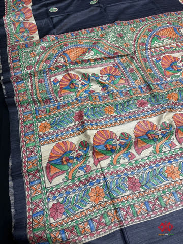 Pure Madhubani Art Hand Brush Painting Black Tusser Silk Saree - Bharat Silk House Tussar