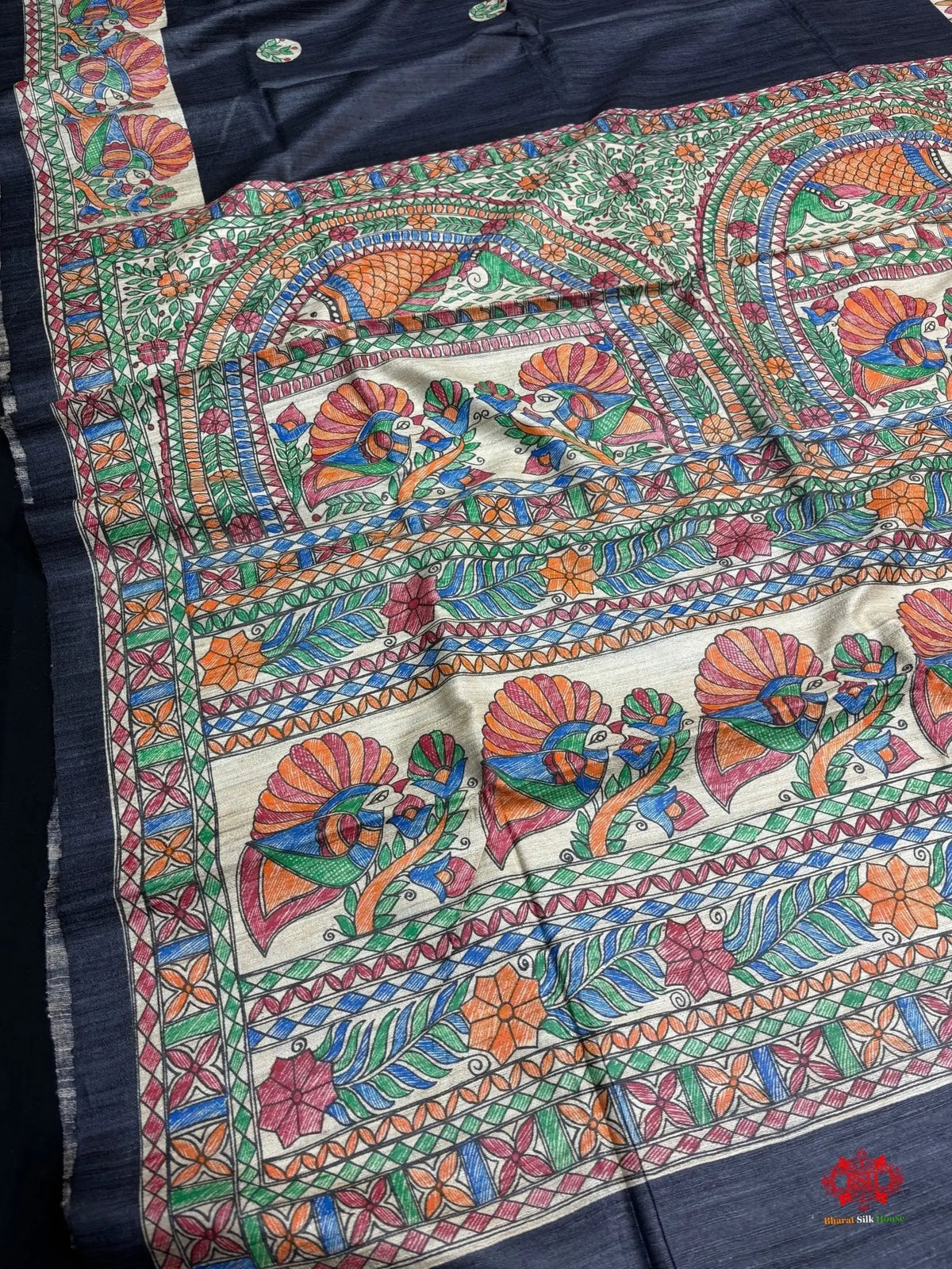 Pure Madhubani Art Hand Brush Painting Black Tusser Silk Saree - Bharat Silk House Tussar