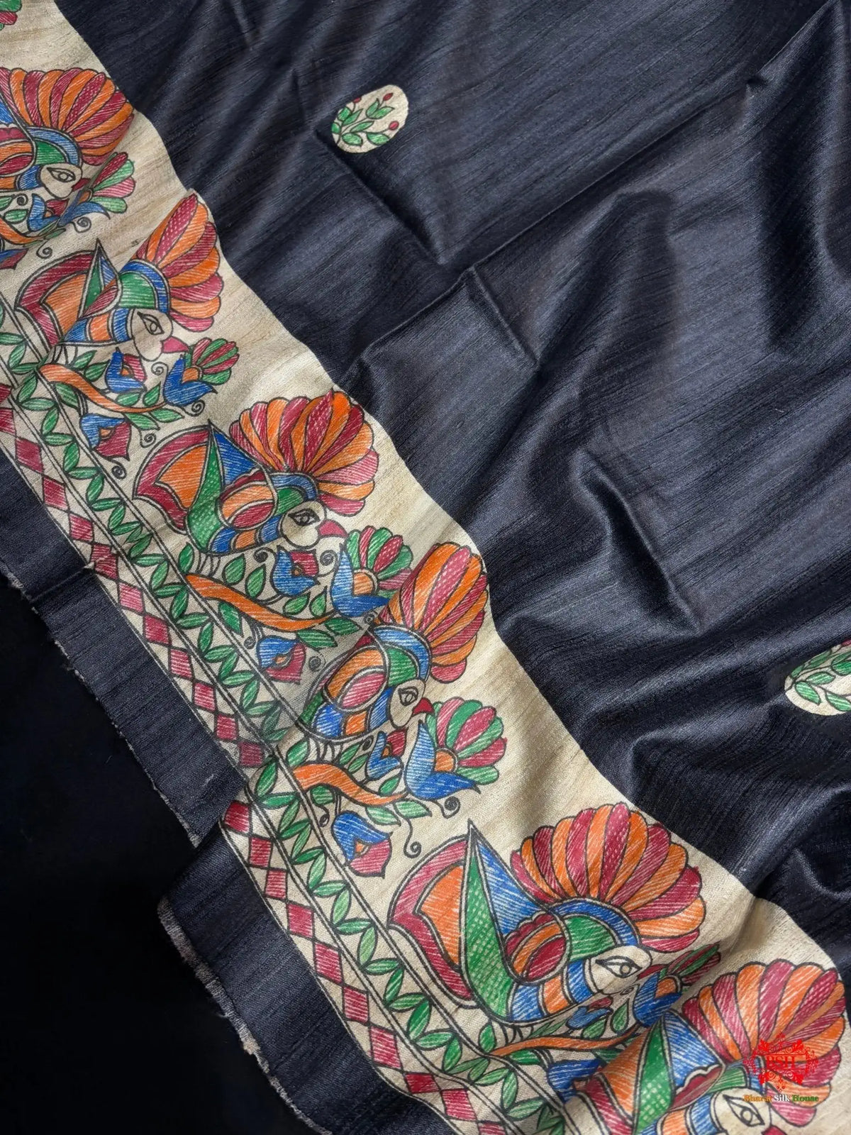 Pure Madhubani Art Hand Brush Painting Black Tusser Silk Saree - Bharat Silk House Tussar