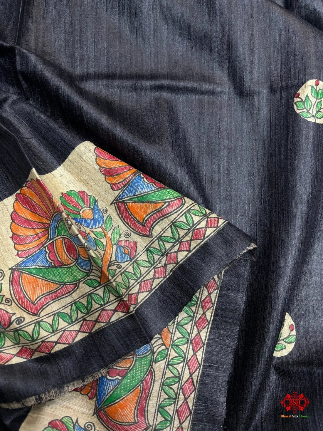 Pure Madhubani Art Hand Brush Painting Black Tusser Silk Saree - Bharat Silk House Tussar