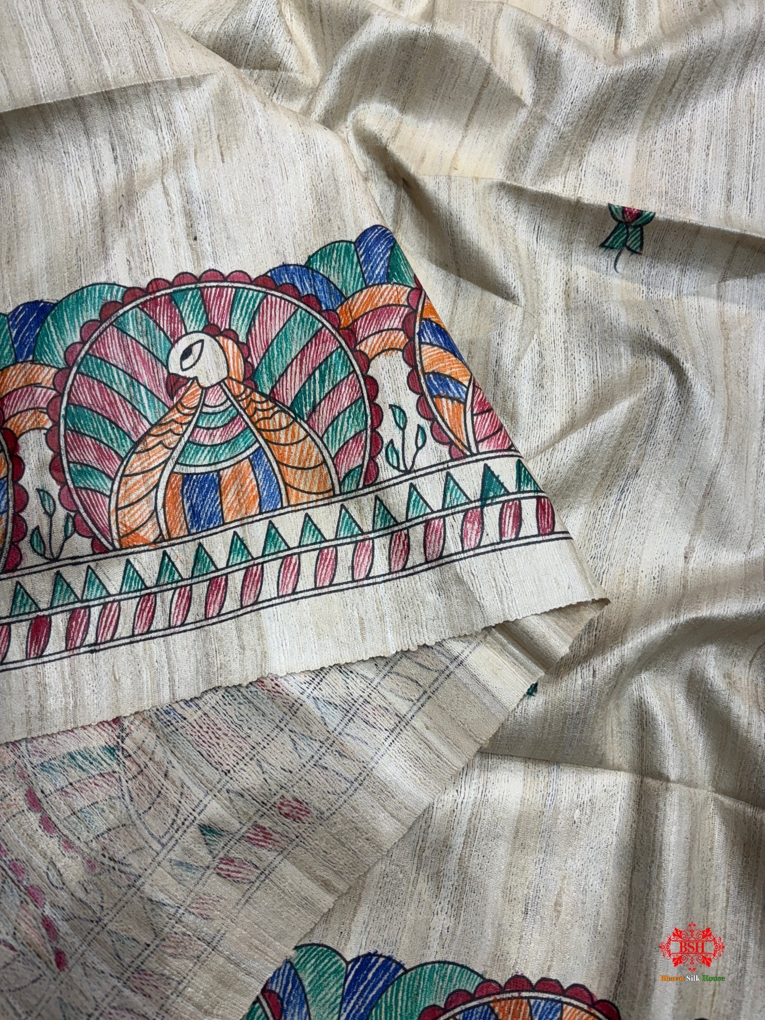 Pure Madhubani Art HandBrush Painting Silk Saree In Shade Of Tusser - Bharat Silk House Tussar
