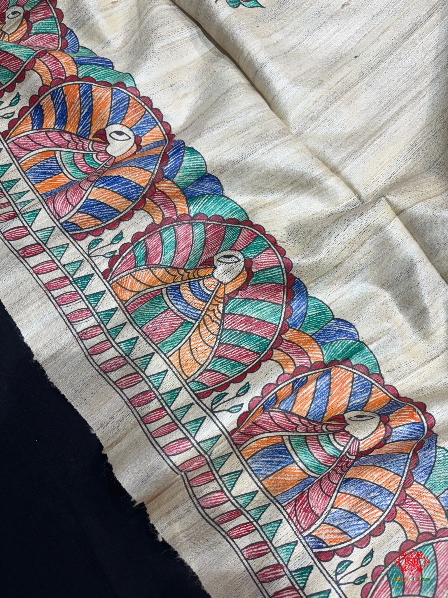 Pure Madhubani Art HandBrush Painting Silk Saree In Shade Of Tusser - Bharat Silk House Tussar