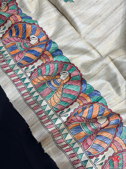 Pure Madhubani Art HandBrush Painting Silk Saree In Shade Of Tusser - Bharat Silk House Tussar