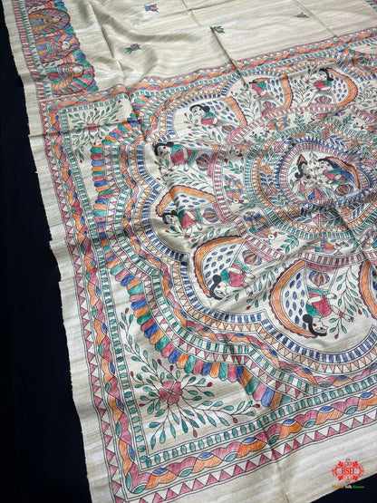 Pure Madhubani Art HandBrush Painting Silk Saree In Shade Of Tusser - Bharat Silk House Tussar
