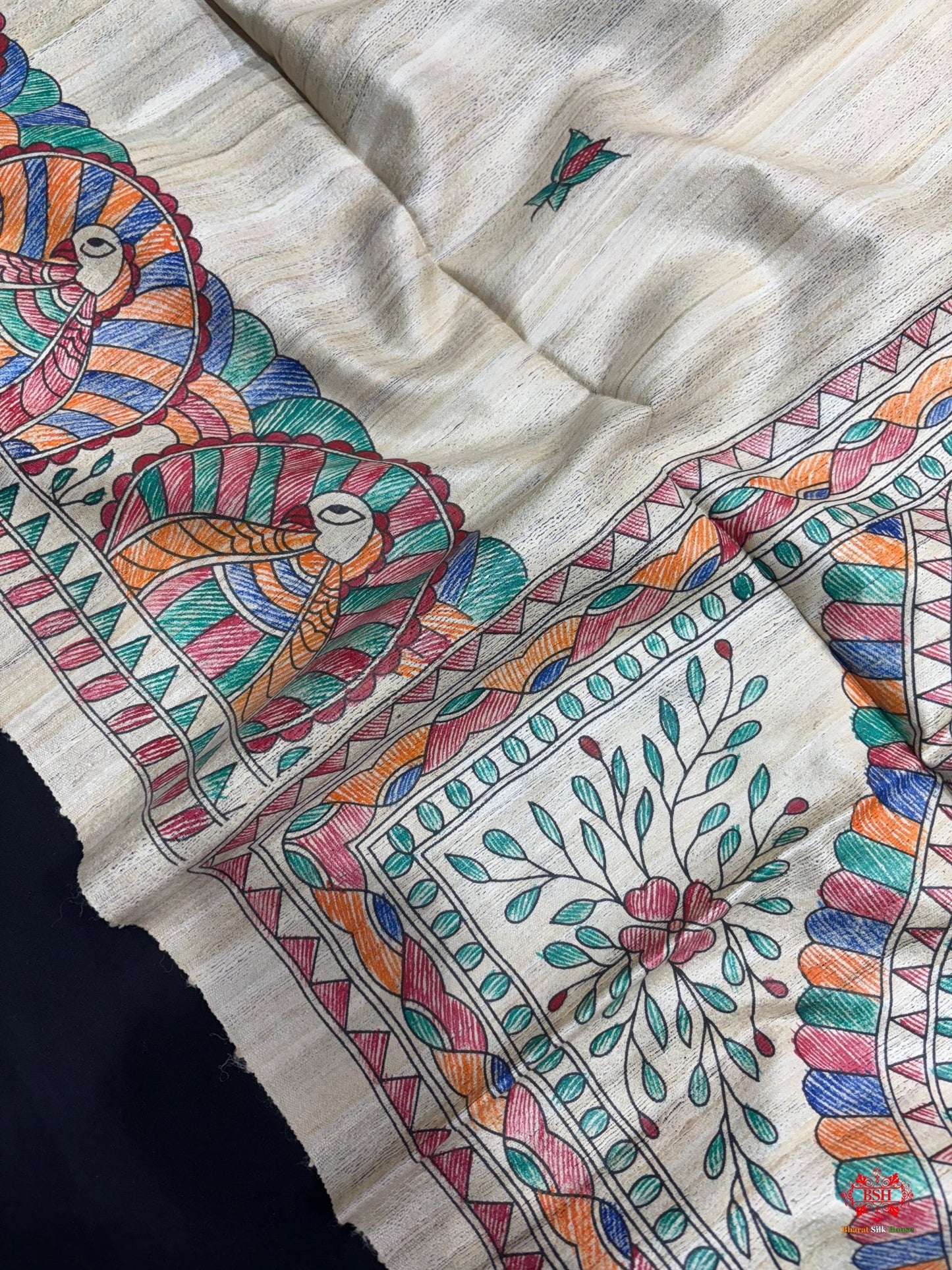 Pure Madhubani Art HandBrush Painting Silk Saree In Shade Of Tusser - Bharat Silk House Tussar