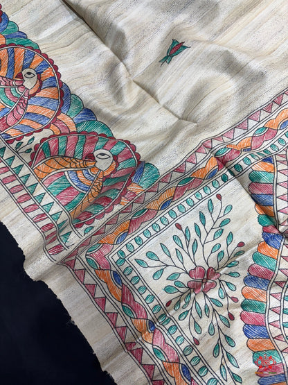Pure Madhubani Art HandBrush Painting Silk Saree In Shade Of Tusser - Bharat Silk House Tussar