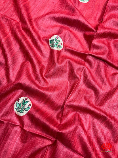Pure Madhubani HandBrush Painting Silk Saree In Shade Of Red - Bharat Silk House Tussar