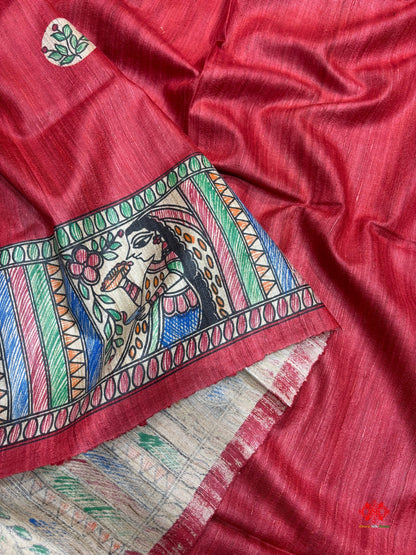 Pure Madhubani HandBrush Painting Silk Saree In Shade Of Red - Bharat Silk House Tussar
