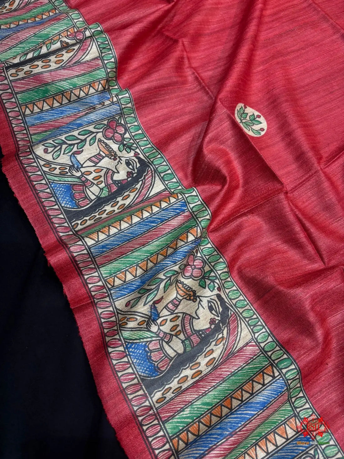 Pure Madhubani HandBrush Painting Silk Saree In Shade Of Red - Bharat Silk House Tussar