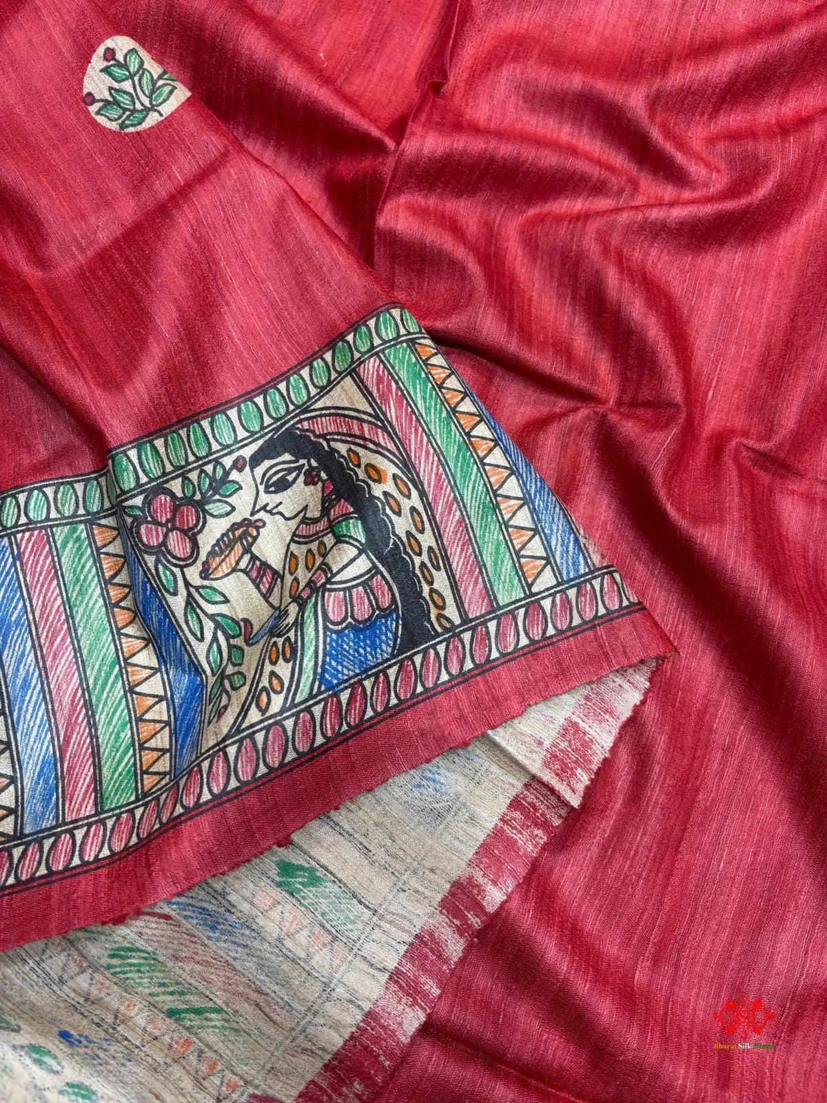 Pure Madhubani HandBrush Painting Silk Saree In Shade Of Red - Bharat Silk House Tussar