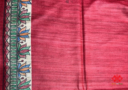 Pure Madhubani HandBrush Painting Silk Saree In Shade Of Red - Bharat Silk House Tussar
