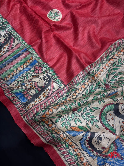 Pure Madhubani HandBrush Painting Silk Saree In Shade Of Red - Bharat Silk House Tussar