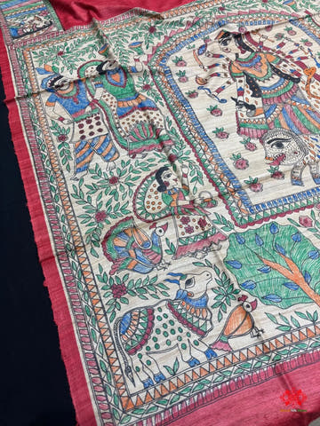 Pure Madhubani HandBrush Painting Silk Saree In Shade Of Red - Bharat Silk House Tussar