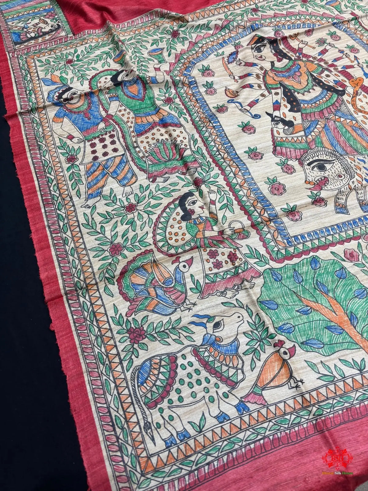 Pure Madhubani HandBrush Painting Silk Saree In Shade Of Red - Bharat Silk House Tussar