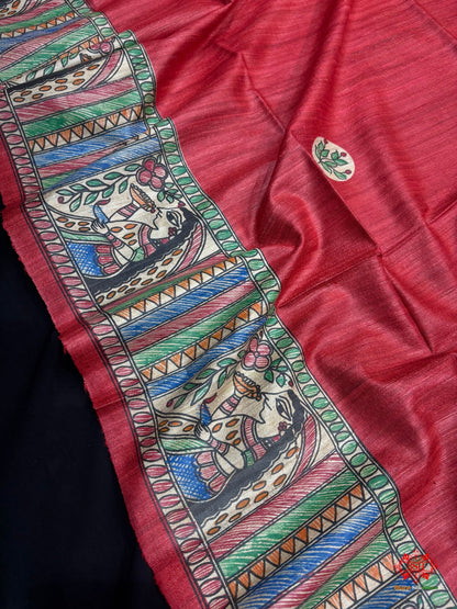 Pure Madhubani HandBrush Painting Silk Saree In Shade Of Red - Bharat Silk House Tussar