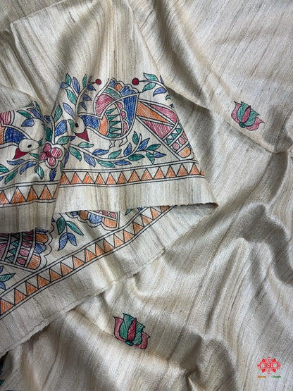 Pure Madhubani HandBrush Painting Silk Saree In Shade Of Tusser - Bharat Silk House Tussar
