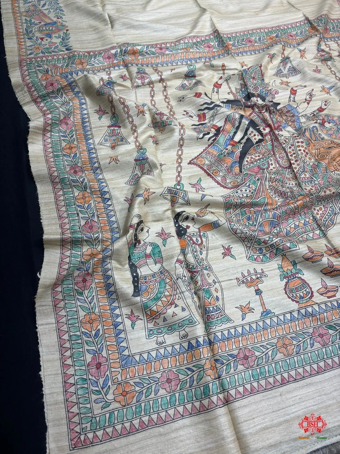 Pure Madhubani HandBrush Painting Silk Saree In Shade Of Tusser - Bharat Silk House Tussar