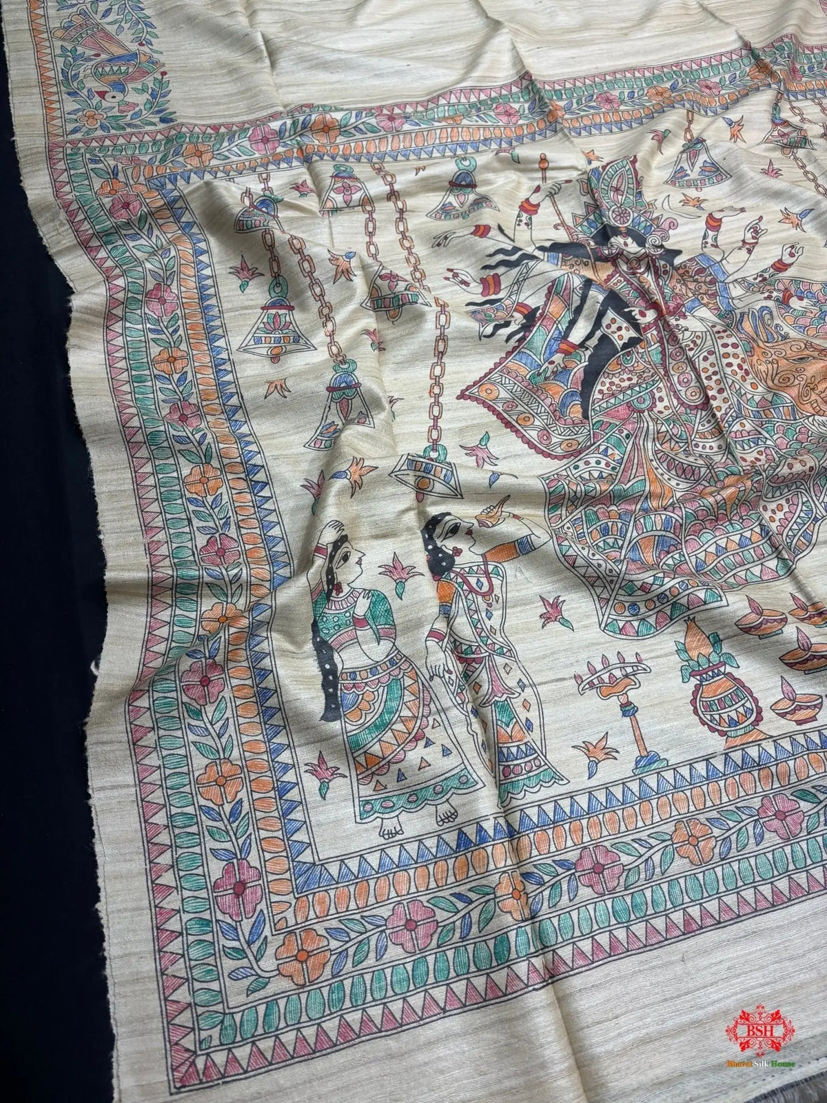 Pure Madhubani HandBrush Painting Silk Saree In Shade Of Tusser - Bharat Silk House Tussar