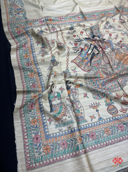 Pure Madhubani HandBrush Painting Silk Saree In Shade Of Tusser - Bharat Silk House Tussar
